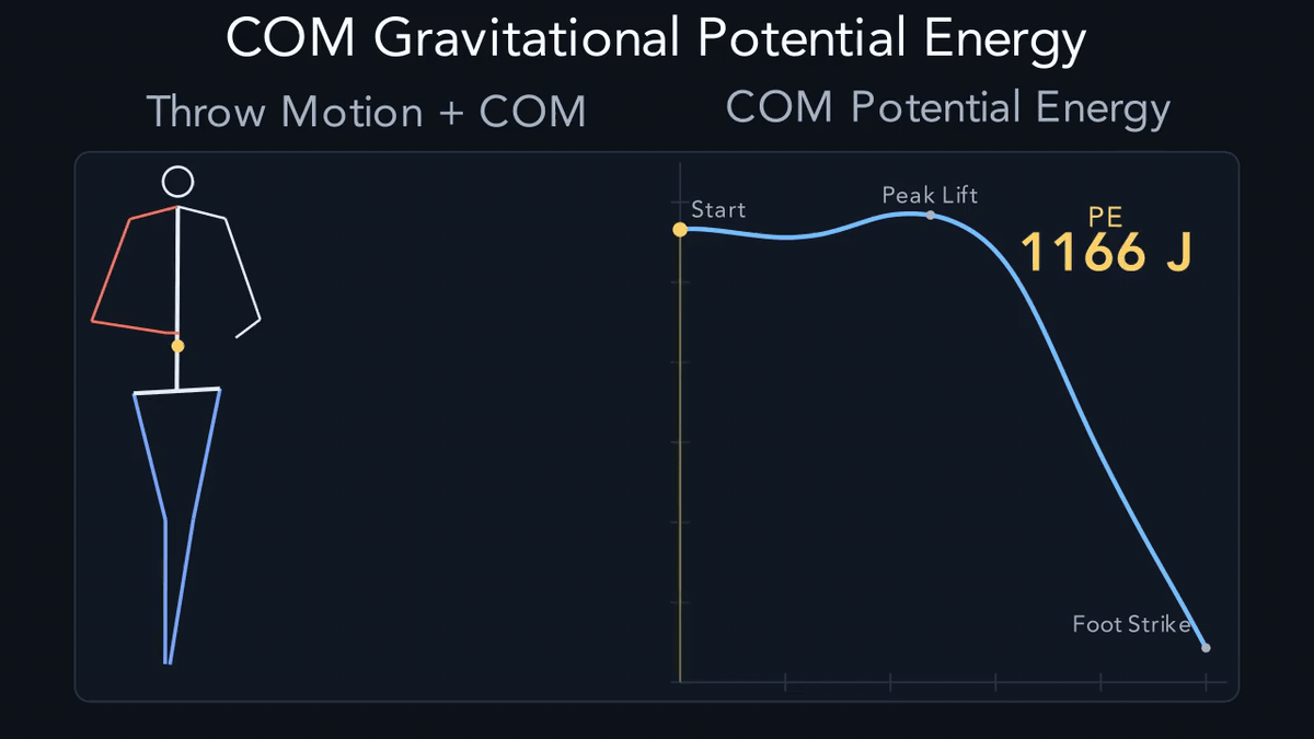 Complete animation of a throw from the Open Biomechanics Project (right), and the full signal PE of the COM (left).